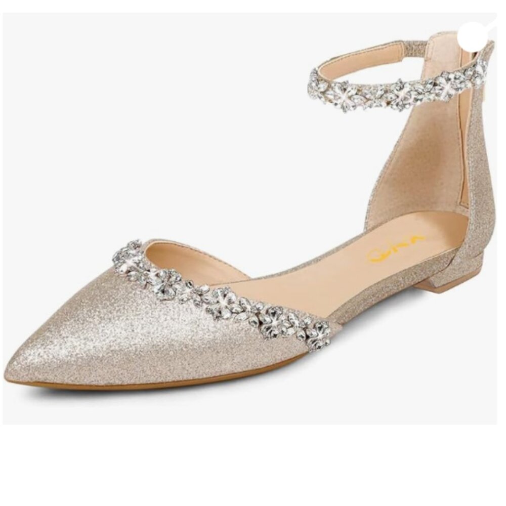XYD Light Gold-glitter Pointed Toe D'Orsay Wedding Sandals Sparkly Shoes